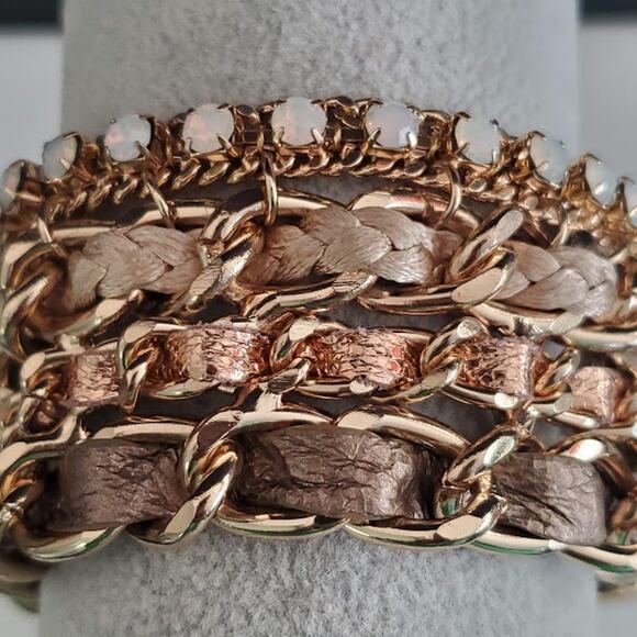 Wide Link Bracelet with Leather and Faux Opals Gold Tone Magnetic Clasp - Picture 6 of 8